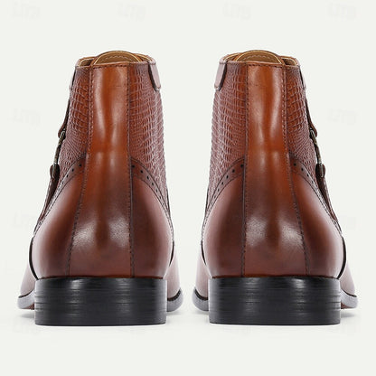 Men's Premium Cowhide Leather Ankle Boots Crocodile Embossed Lace-Up Dress Boots