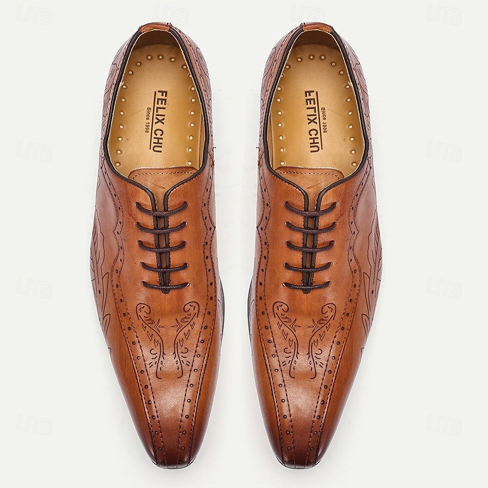 Men's Premium Cowhide Leather Oxford Shoes - Hand-Carved Floral Design Lace-Up Brogue Dress Shoes for Formal Occasions