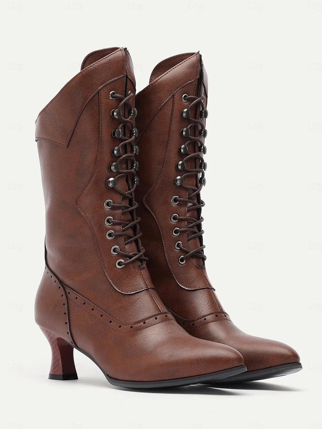 Women's Brown Victorian Lace-Up Boots with Mid Heel and Brogue Detailing - Retro Style Knee-High Boots