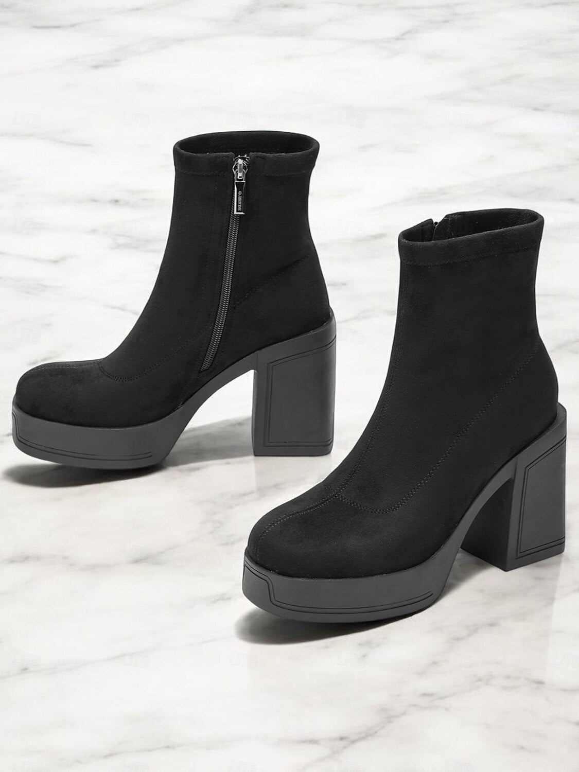 Women's Black Suede Platform Ankle Boots – Chunky High Heel Design for Casual and Party Wear