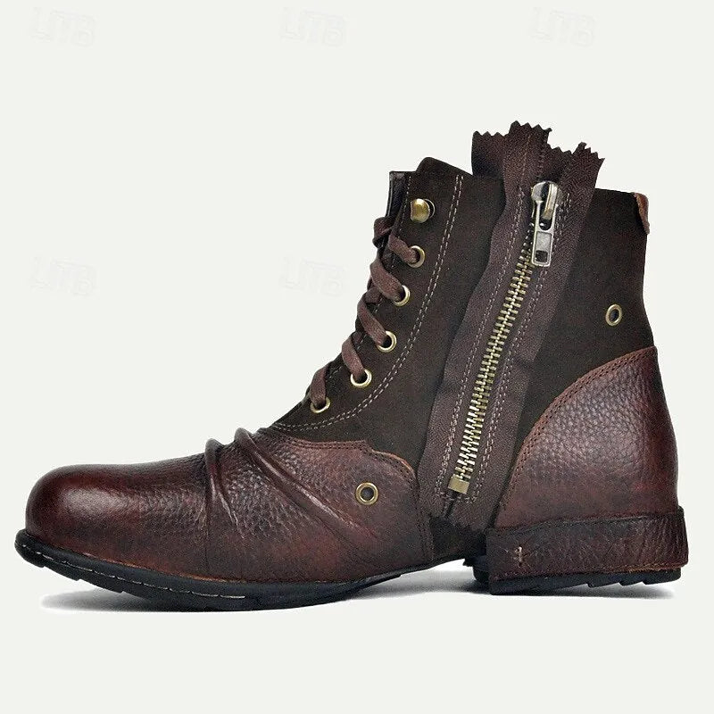 Men's Handmade Goodyear Welted Leather Lace-Up Boots with Dual Zippers and Textured Finish