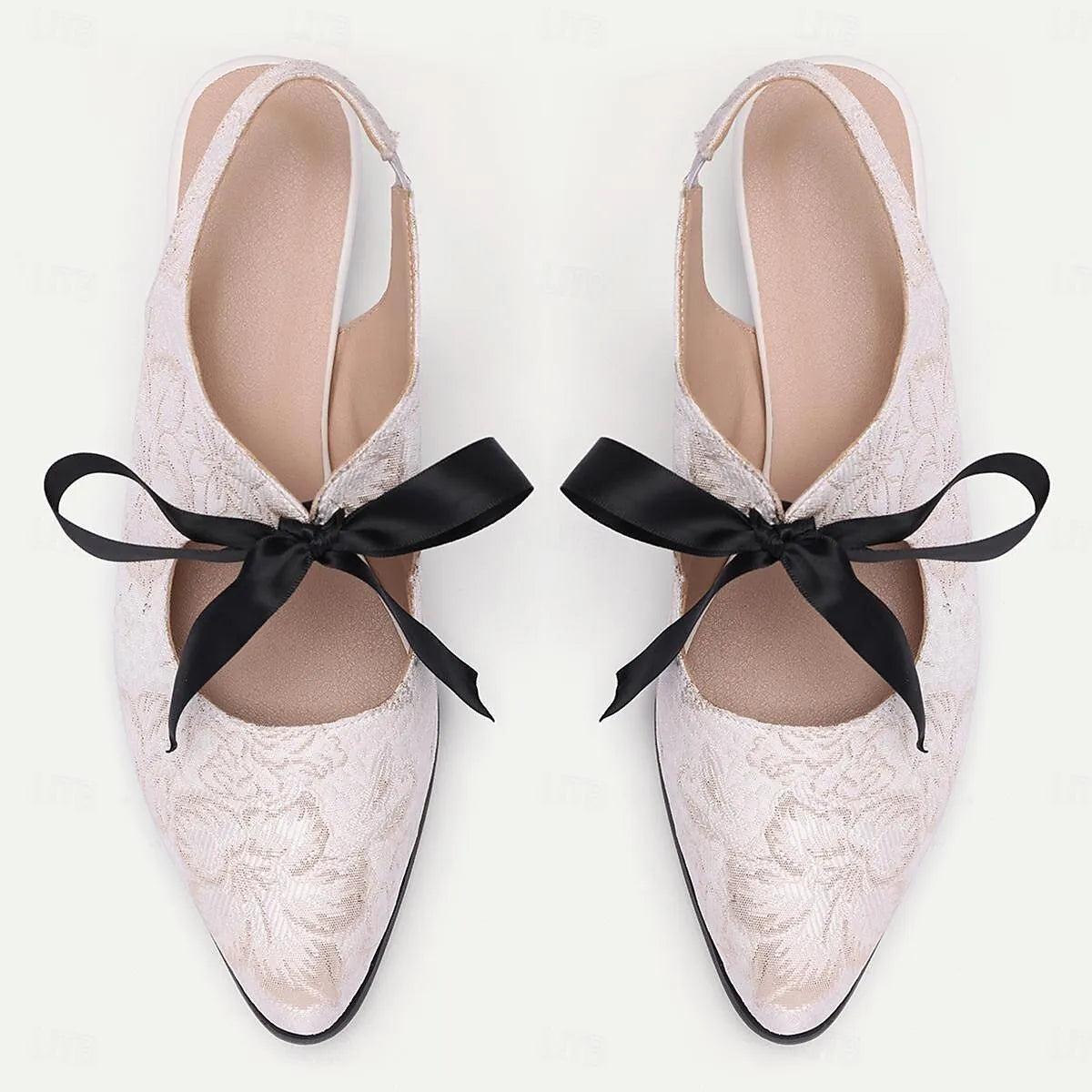 Women's White Lace Slingback Heels with Black Bow - Elegant Vintage Low Heel Pumps - Tokiyos