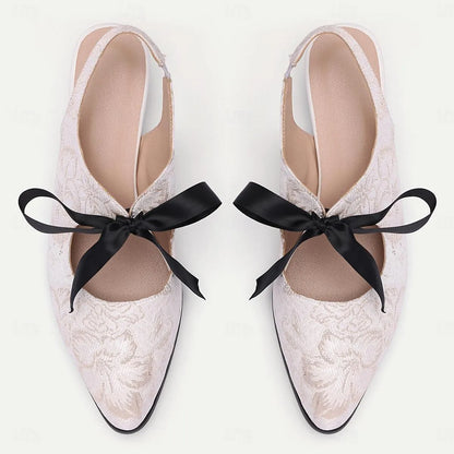 Women's White Lace Slingback Heels with Black Bow - Elegant Vintage Low Heel Pumps - Tokiyos