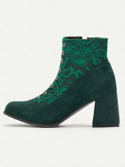 Women's Green Faux Suede Ankle Boots with Snap-Button, Lace Overlay and Side Zipper