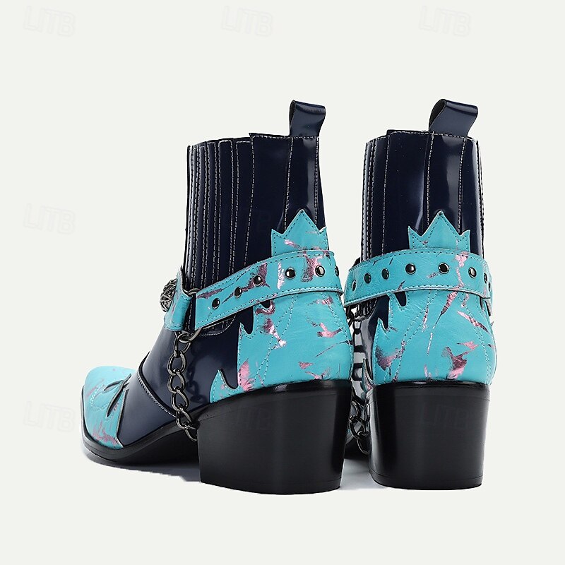 Men's Blue and Turquoise Leather Motorcycle Boots