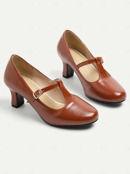 Women's Brown T-Strap Mary Jane Pumps with Mid Heel - Classic Vintage Style Dress Shoes for Formal and Casual Wear