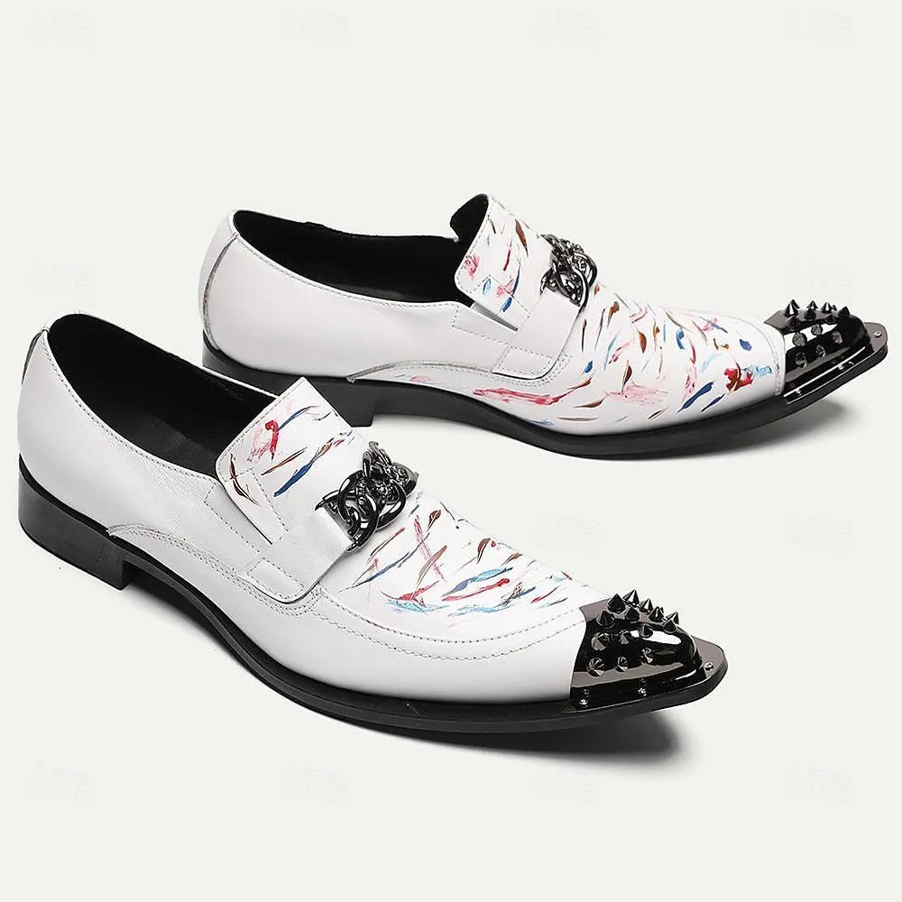 Men's White Leather Loafers with Colorful Print and Spiked Details - Tokiyos