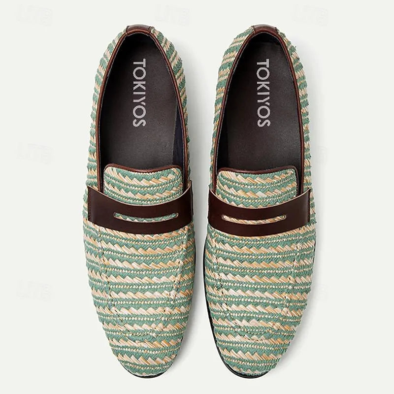 Men's Green and Beige Woven Loafers - Breathable Slip-On Casual Shoes