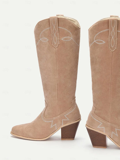 Women's Light Brown Suede Western Cowboy Boots with Embroidered Details - Stylish Mid-Calf Boots for All Seasons