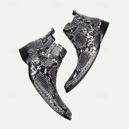 Men's Premium Cowhide Leather Ankle Boots with Snakeskin Pattern