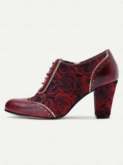 Women's Red Floral Lace-Up Heeled Oxford Shoes-Vintage Brogue Design with Rose Pattern for Retro and Steampunk Styles