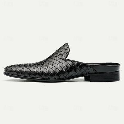 Men's Brown Woven Leather Mules Slip-On Roman Loafers - Tokiyos