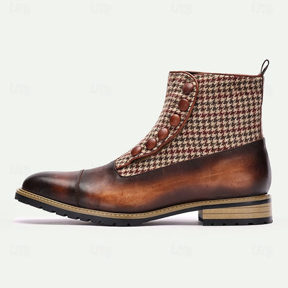 Men's Houndstooth Tweed and Leather Ankle Boots with Button-Up Detail