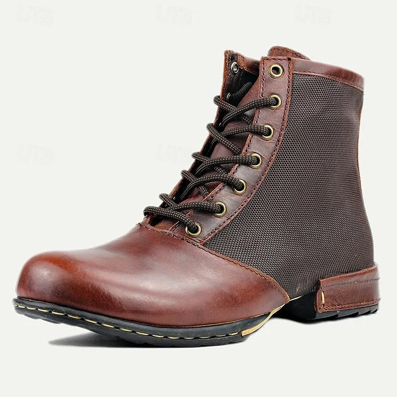 Men's Brown Leather and Mesh Motorcycle Ankle Boots with Lace-Up Design - Durable Biker Boots for Outdoor Adventures