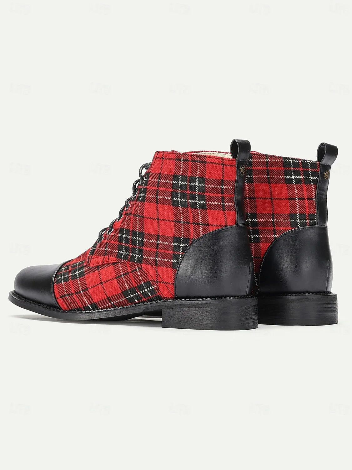 Women's Red Tartan Plaid Ankle Boots with Black Leather Toe Cap