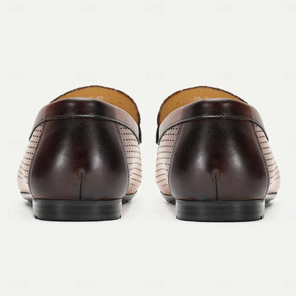 Men's Brown Perforated Leather Slip-On Loafers - Tokiyos