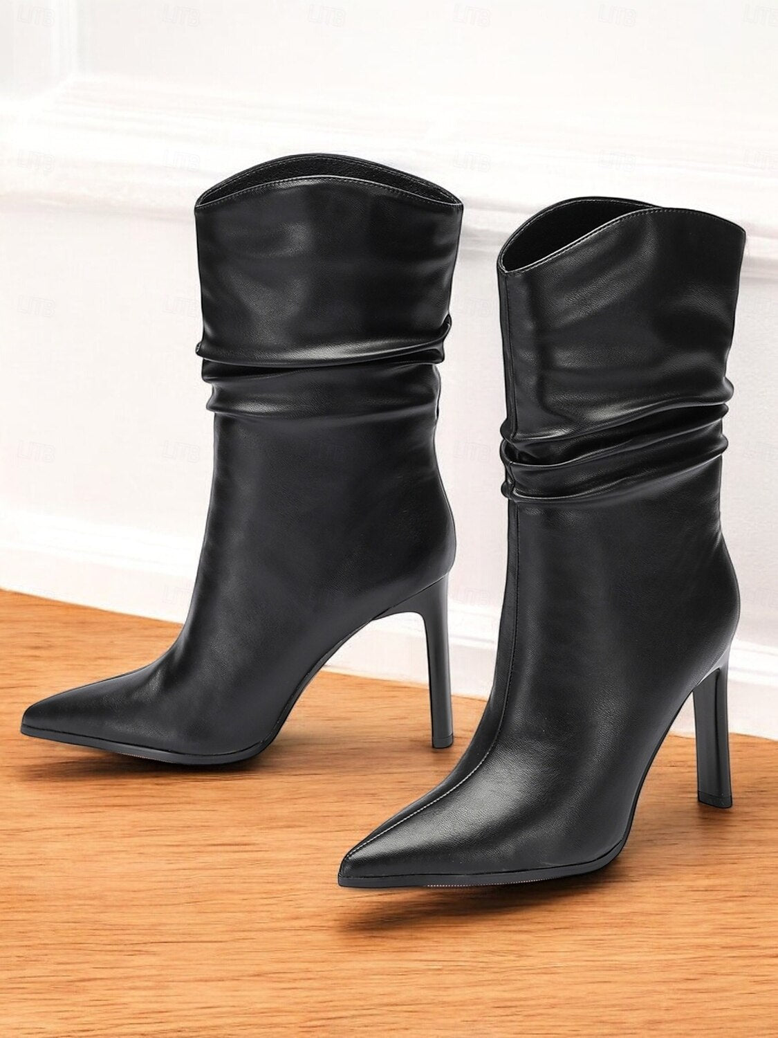 Women's Black Leather Mid Calf Boots with Stiletto Heels, Slouchy Design - Elegant and Stylish for Fall and Winter