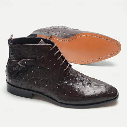 Men's Ostrich Embossed Leather Ankle Boots with Premium Cowhide and Lace-Up