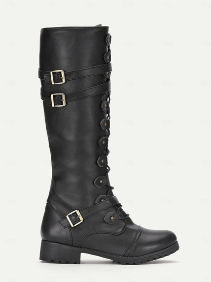 Women's Black Faux Leather Knee-High Combat Boots with Buckle Straps and Lace-Up Design