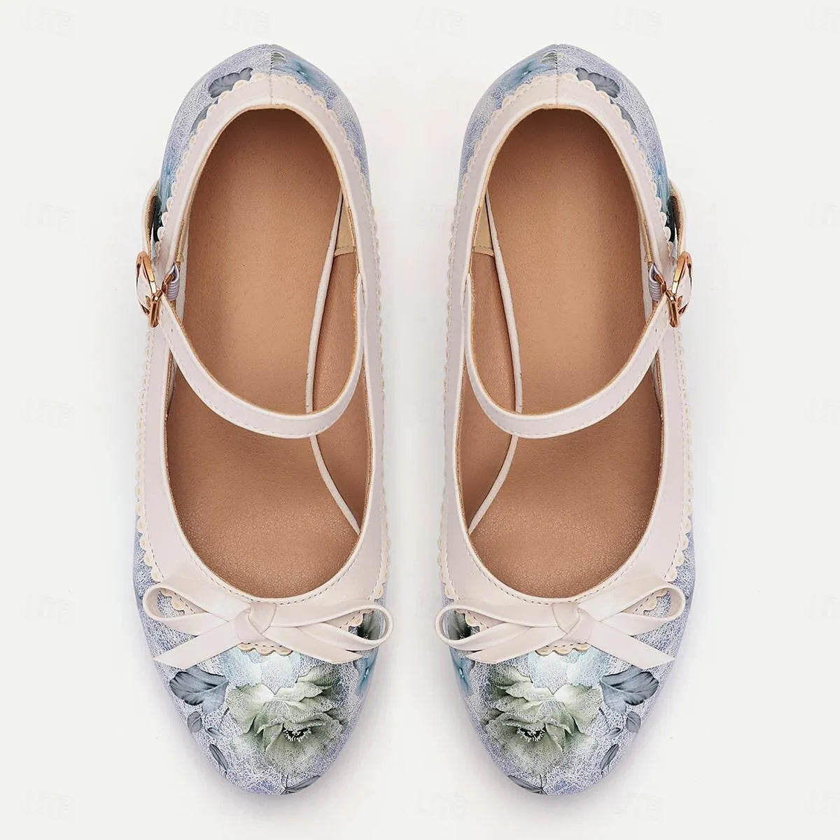 Floral White Platform Mary Jane Heels with Bow for Women - Tokiyos