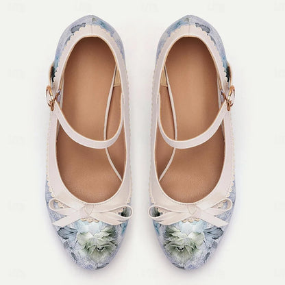 Floral White Platform Mary Jane Heels with Bow for Women - Tokiyos