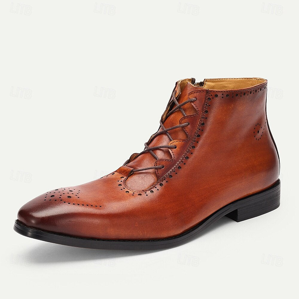 Men's Brown Lace-Up Ankle Boots with Brogue Detailing Premium Cowhide Leather