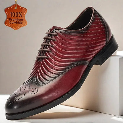 Men's Premium Cowhide Burgundy Oxford Shoes with Ribbed Design and Perforated Detailing