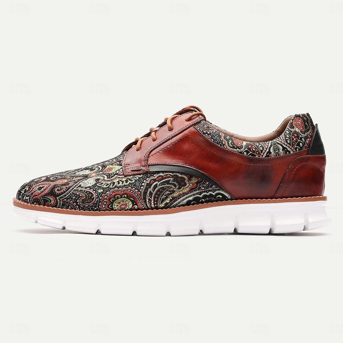 Men's Sneakers Paisley Print Leather Casual Shoes with White Soles - Tokiyos