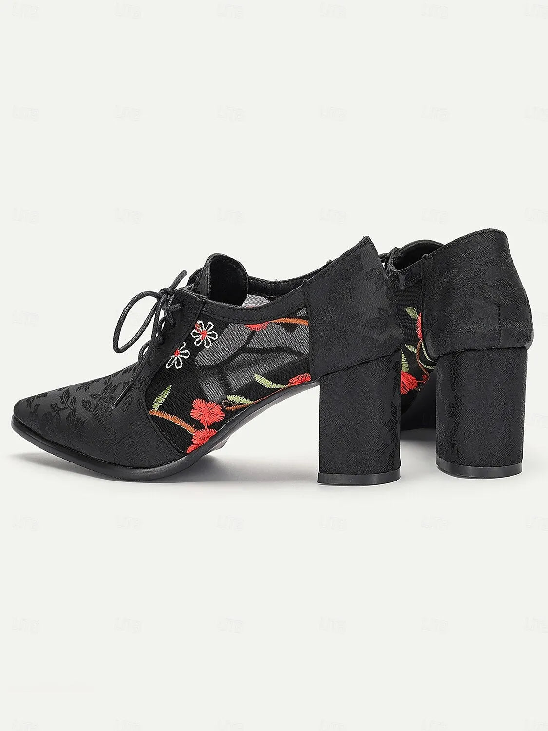 Women's Black Jacquard Lace-Up Heels with Floral Embroidery and Block Heel