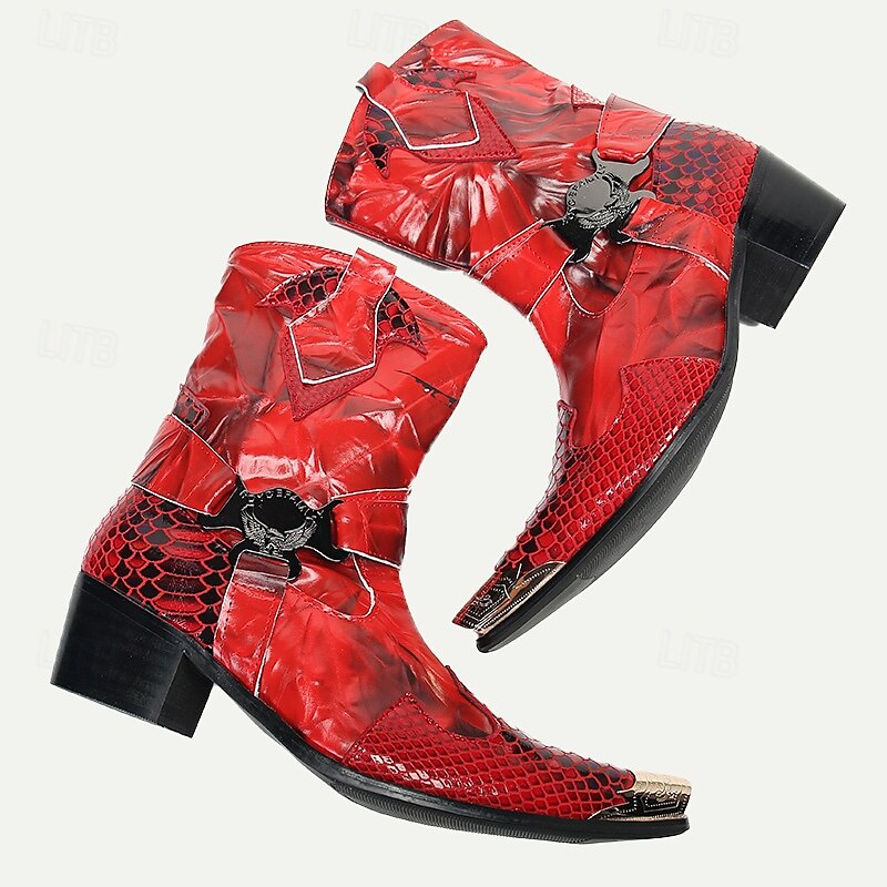 Men's Red Premium Cowhide Motorcycle Boots with Snake Pattern, Metal Toe Cap, and Western Style - Perfect for Riding and Outdoor Adventures