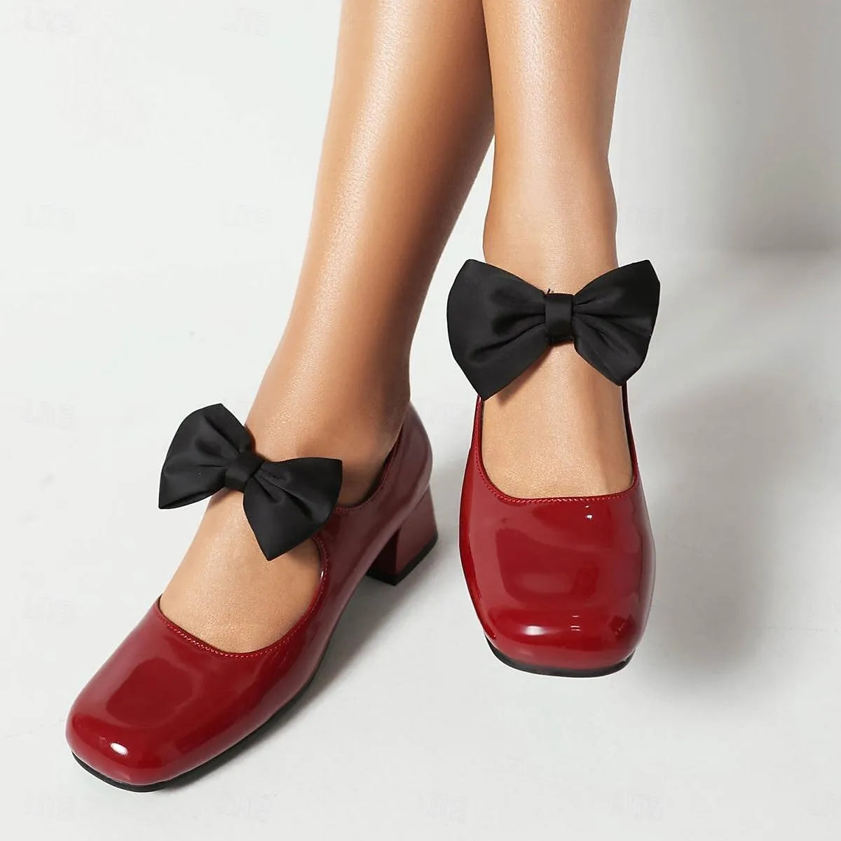 Red Patent Leather Mary Jane Heels with Black Bow for Women - Tokiyos