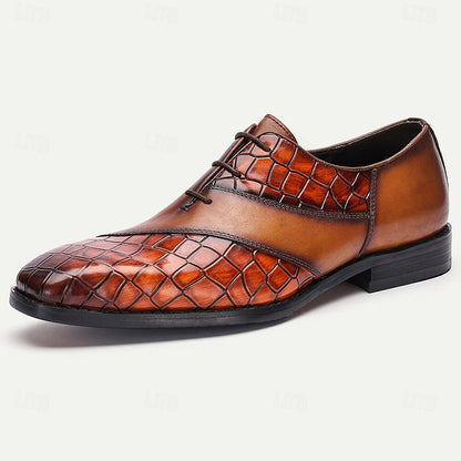 Men's Brown Crocodile Embossed Leather Oxford Shoes - Premium Cowhide Formal Lace-Up Shoes for Business and Special Events