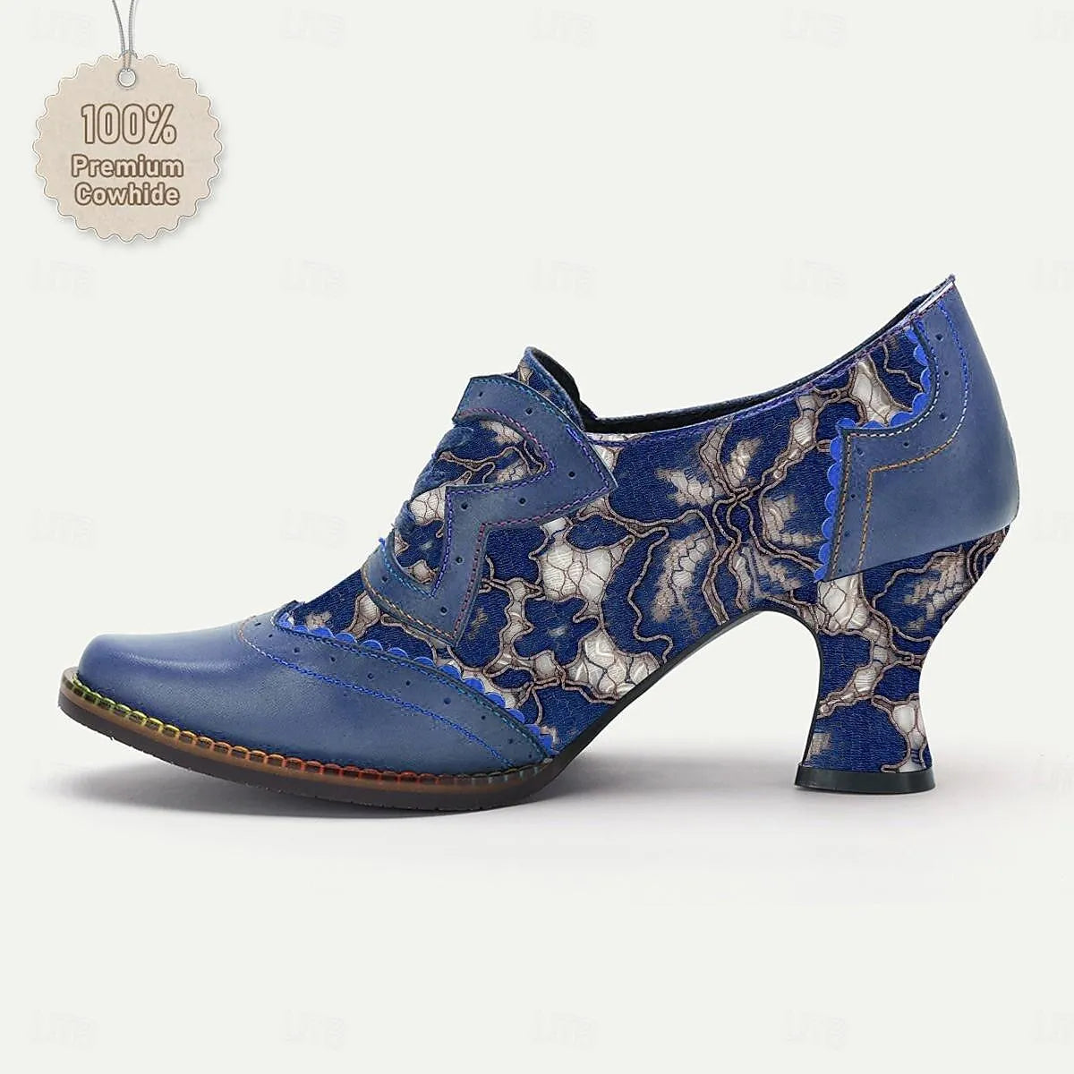 Women's Oxford Heels Elegant Blue Lace Pattern - Tokiyos