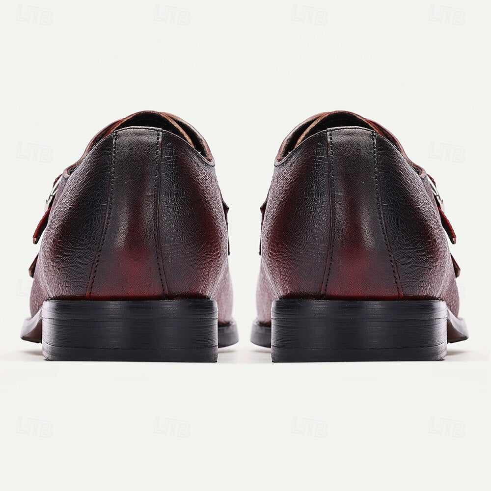 Men's Double Monk Strap Red Leather Oxford Shoes ¨C Premium Cowhide, Textured Design, Formal Dress Shoes for Business and Special Occasions