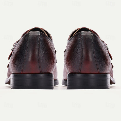 Men's Double Monk Strap Red Leather Oxford Shoes ¨C Premium Cowhide, Textured Design, Formal Dress Shoes for Business and Special Occasions