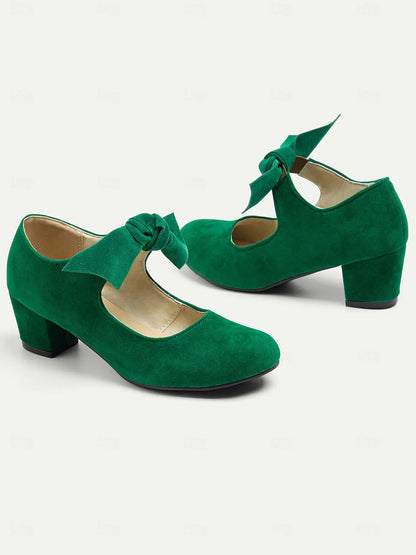 Women's Green Suede Mary Jane Shoes with Bow Detail