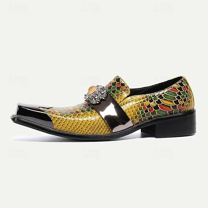 Men's Green and Gold Snakeskin Loafers with Jewel-Encrusted Buckle - Tokiyos