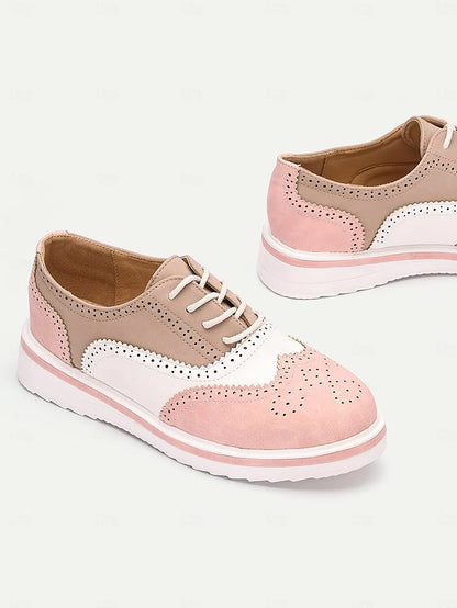 Women's Pink and Beige Brogue Oxford Sneakers, Lace-Up Casual Shoes with Wingtip Detailing for Everyday Wear