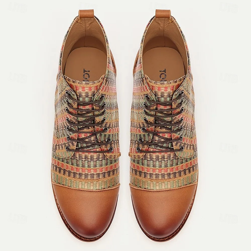 Men's Premium Woven Fabric and Leather Lace-Up Boots with Multicolor Pattern and Leather Toe Cap