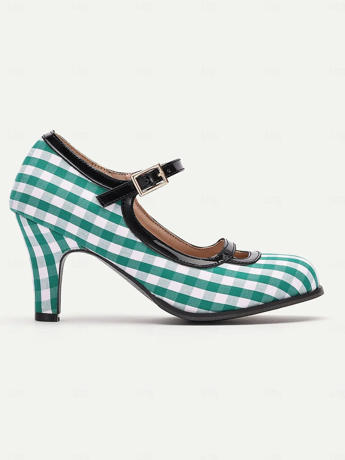 Women's Green Gingham Mary Jane High Heels with Buckle Strap, Retro Style for Vintage-Inspired Outfits and Costume Parties