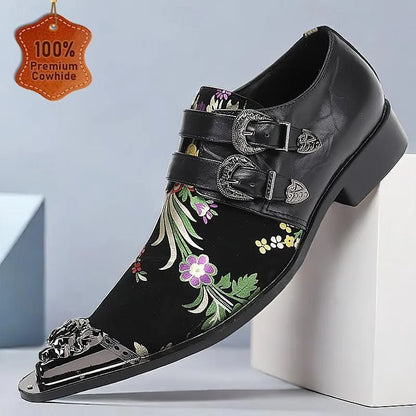 Men's Black Leather Dress Shoes with Floral Embroidery and Metal Buckles - Elegant Formal Footwear - Tokiyos