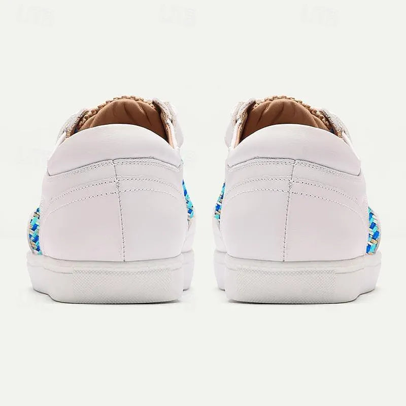 Men's White Leather Sneakers with Blue Woven Pattern - Comfortable Casual Shoes - Tokiyos