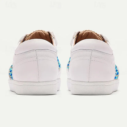 Men's White Leather Sneakers with Blue Woven Pattern - Comfortable Casual Shoes - Tokiyos