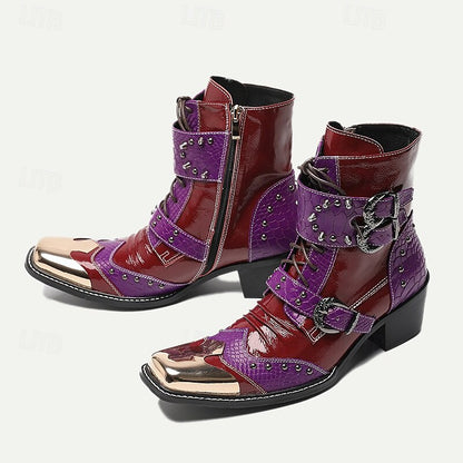 Men's Premium Cowhide Studded Motorcycle Boots - Bold Red and Purple Design with Buckles and Metallic Toe Cap