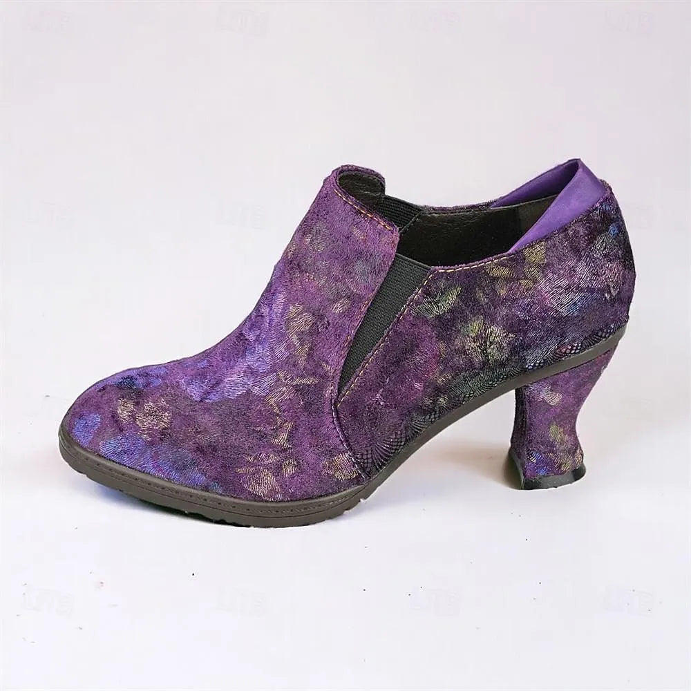 Women's Purple Floral Textured Elastic Panel Ankle Boots - Tokiyos