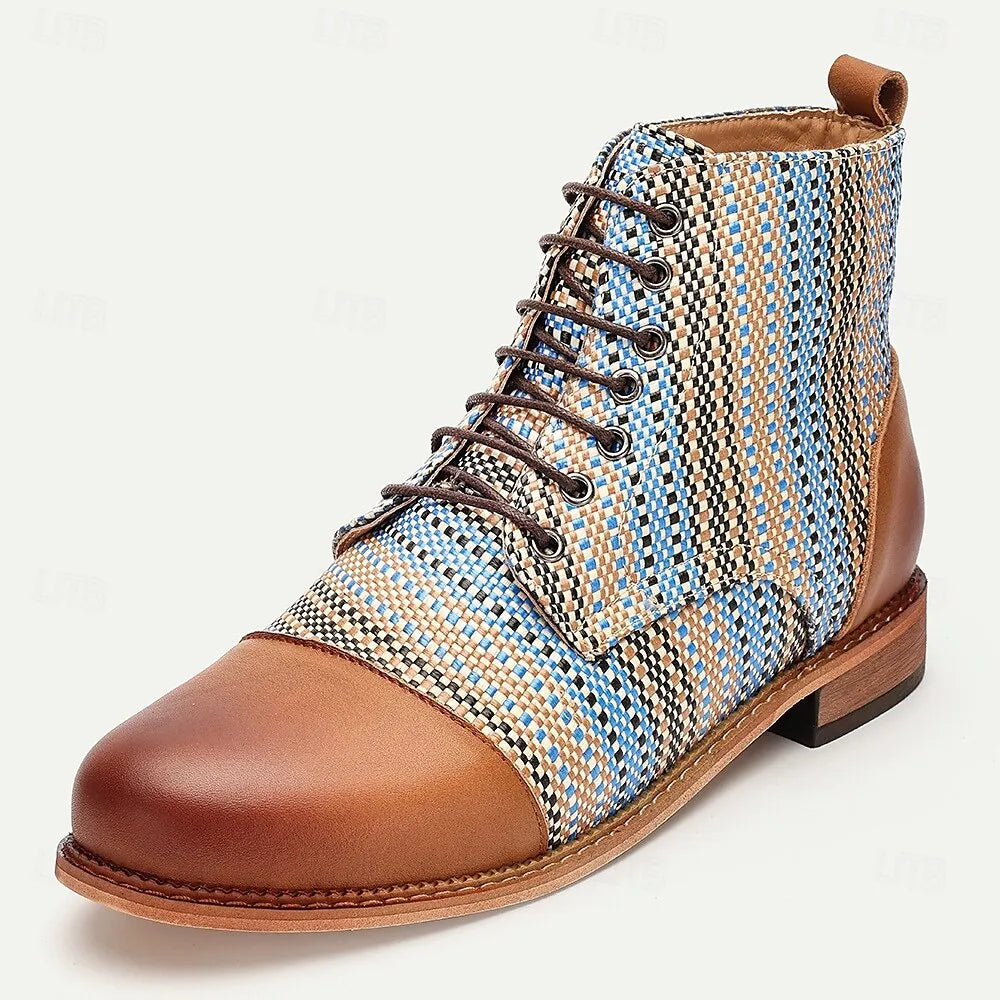 Men's Premium Woven Fabric and Leather Lace-Up Boots with Blue Multicolor Pattern and Leather Toe Cap