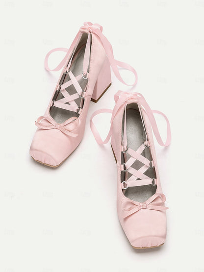 Women's Pink Satin Lace-Up Block Heels with Ribbon Ties-Ballet-Inspired Pumps for Special Occasions and Elegant Outfits