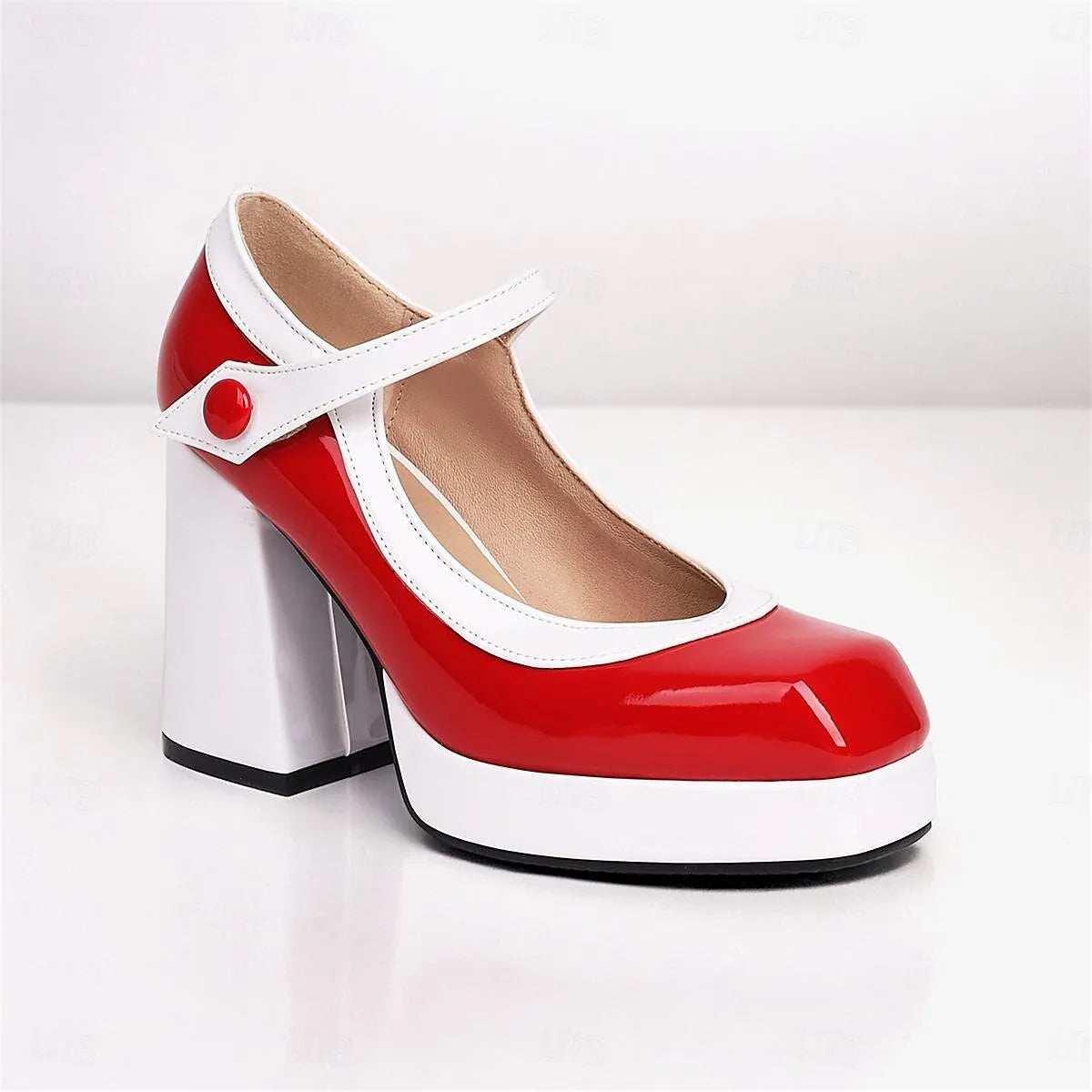 Black and White Platform Mary Jane Heels with Strap for Women - Tokiyos