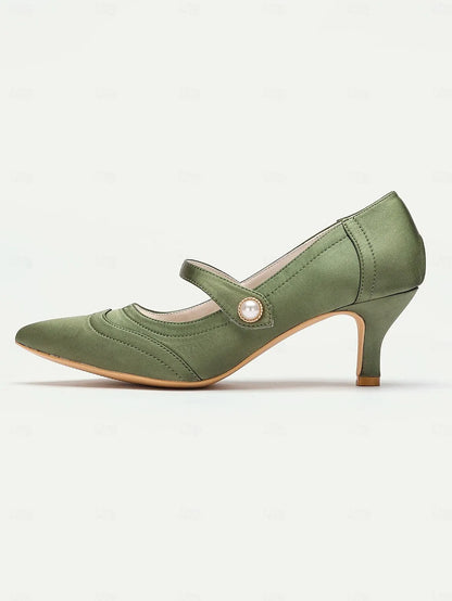 Green Mary Jane Satin Heels with Pearl Button - Elegant Women's Dress Shoes for Formal Events and Office Wear