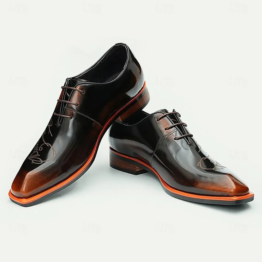 Men's Glossy Black Leather Oxford Shoes with Engraved Detail - Tokiyos